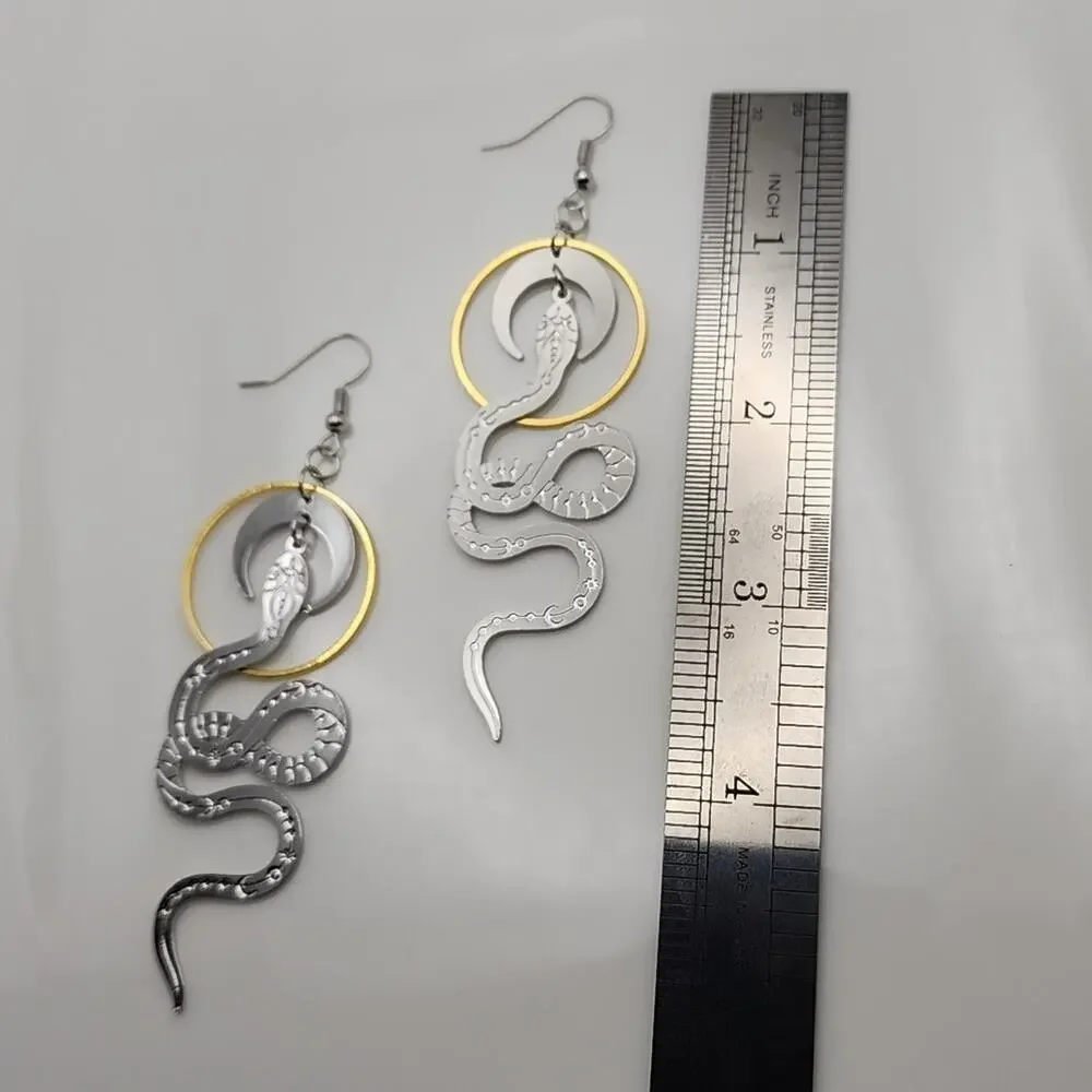 Celestial Serpent Moon Phase Snake Earrings - Picture 3 of 5